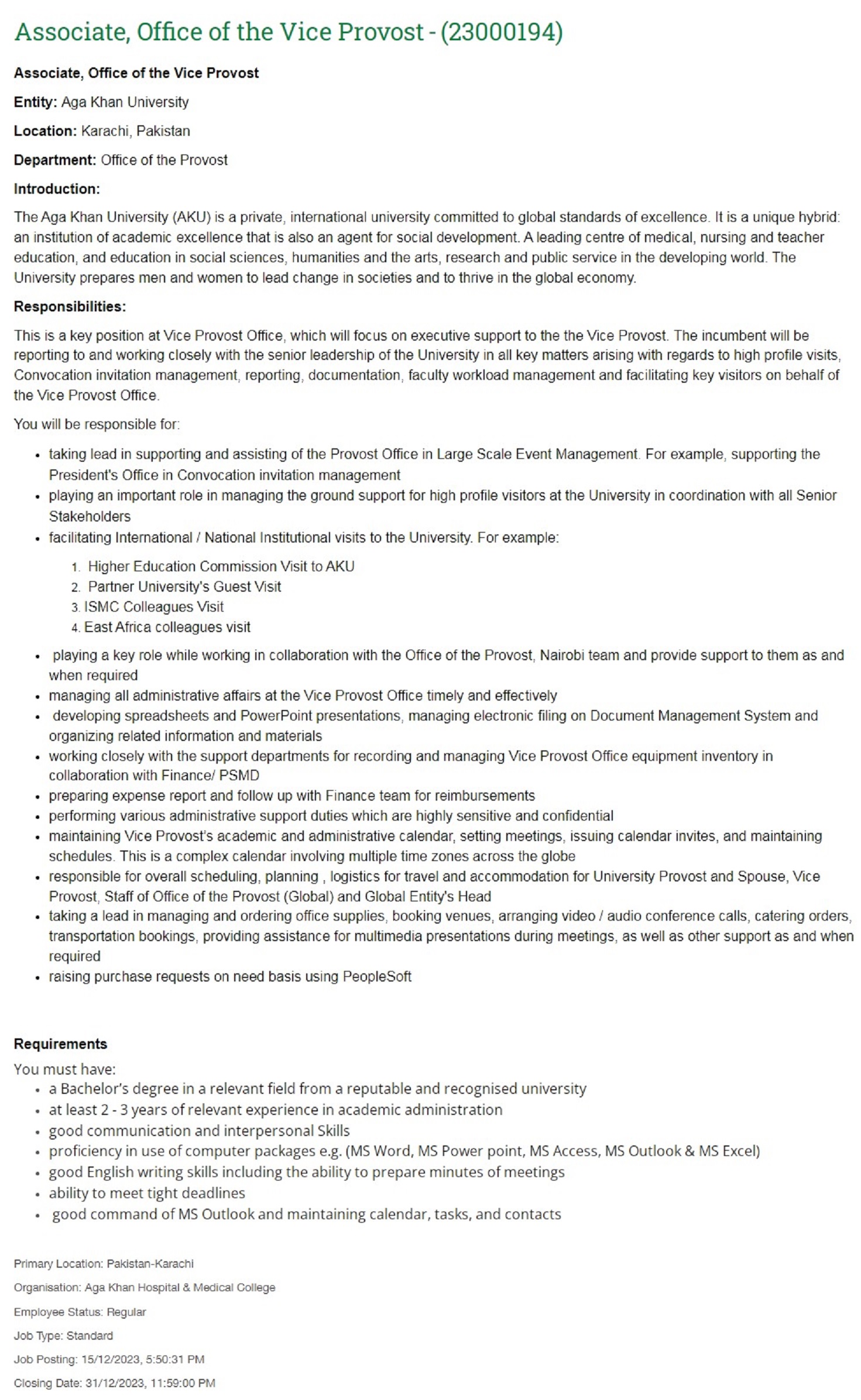 Job Vacancy at Aga Khan University