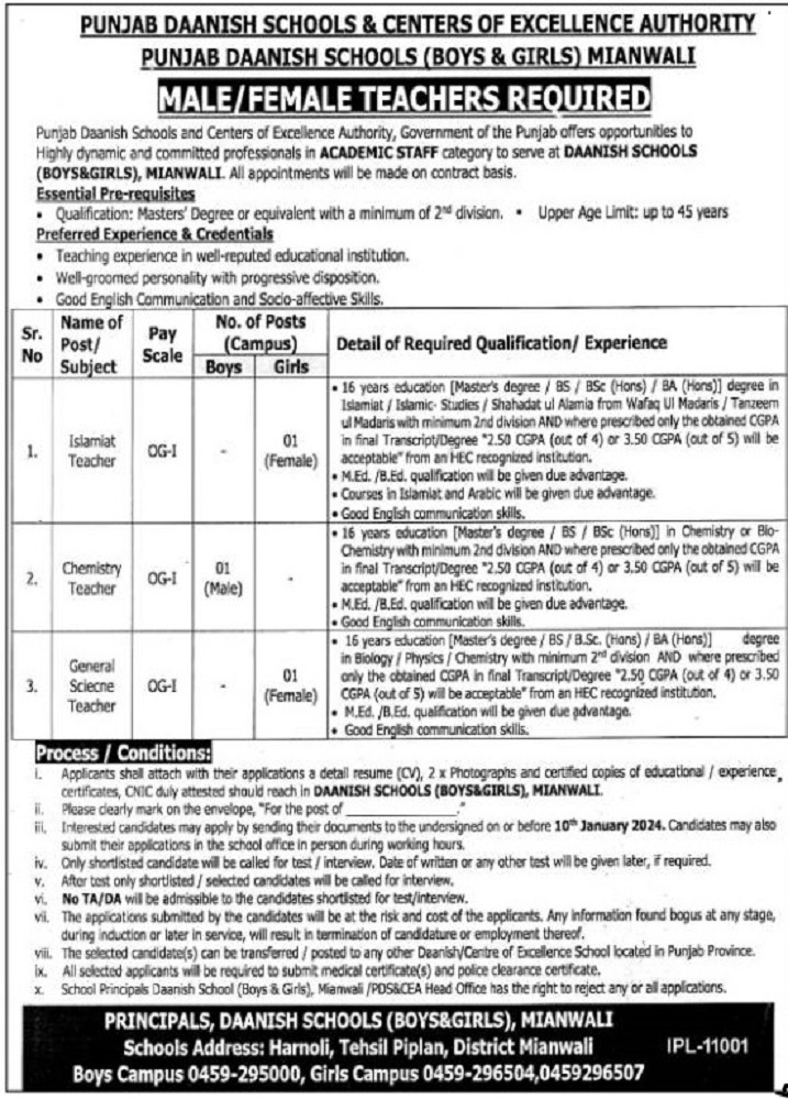 Punjaab Danish Schools & Center of Excellence Authority Jobs