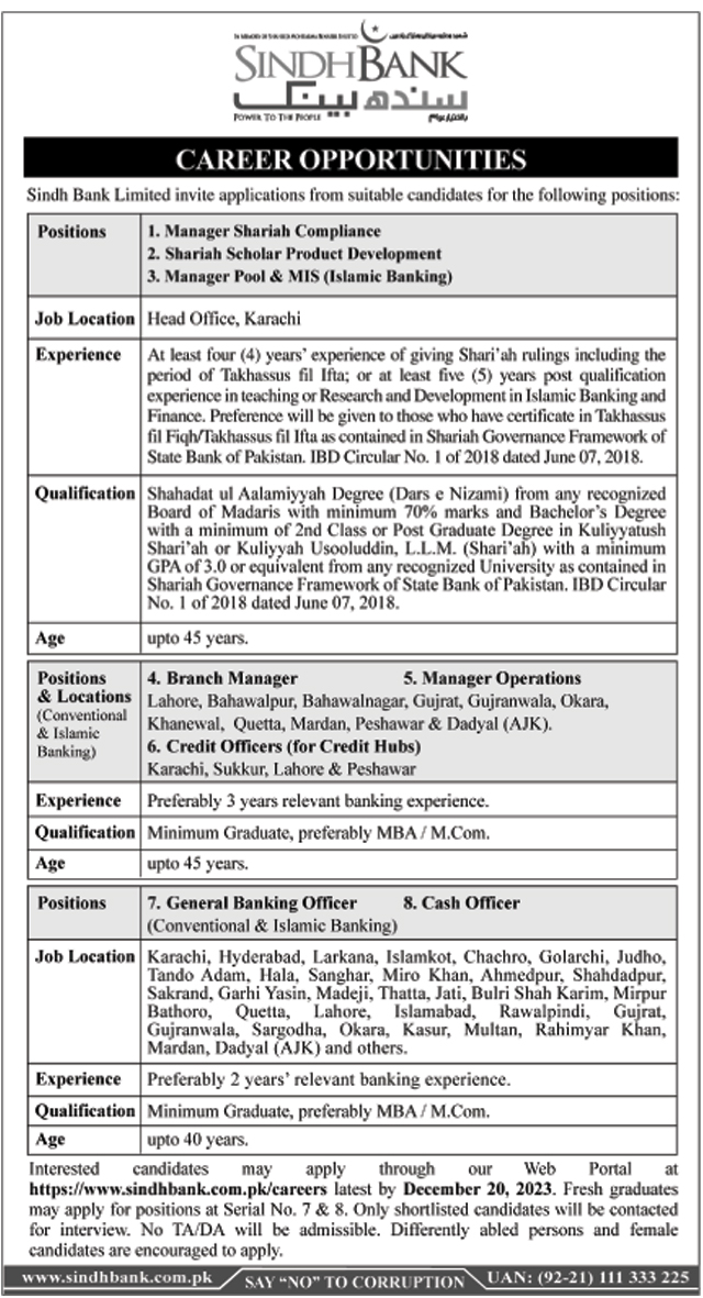 Career Opportunities at Sindh Bank Limited